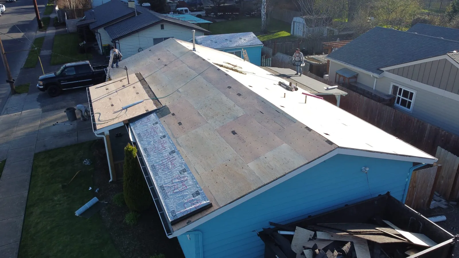 Drone aerial of the Battle Ground, WA roof replacement - wide elevation, view 3