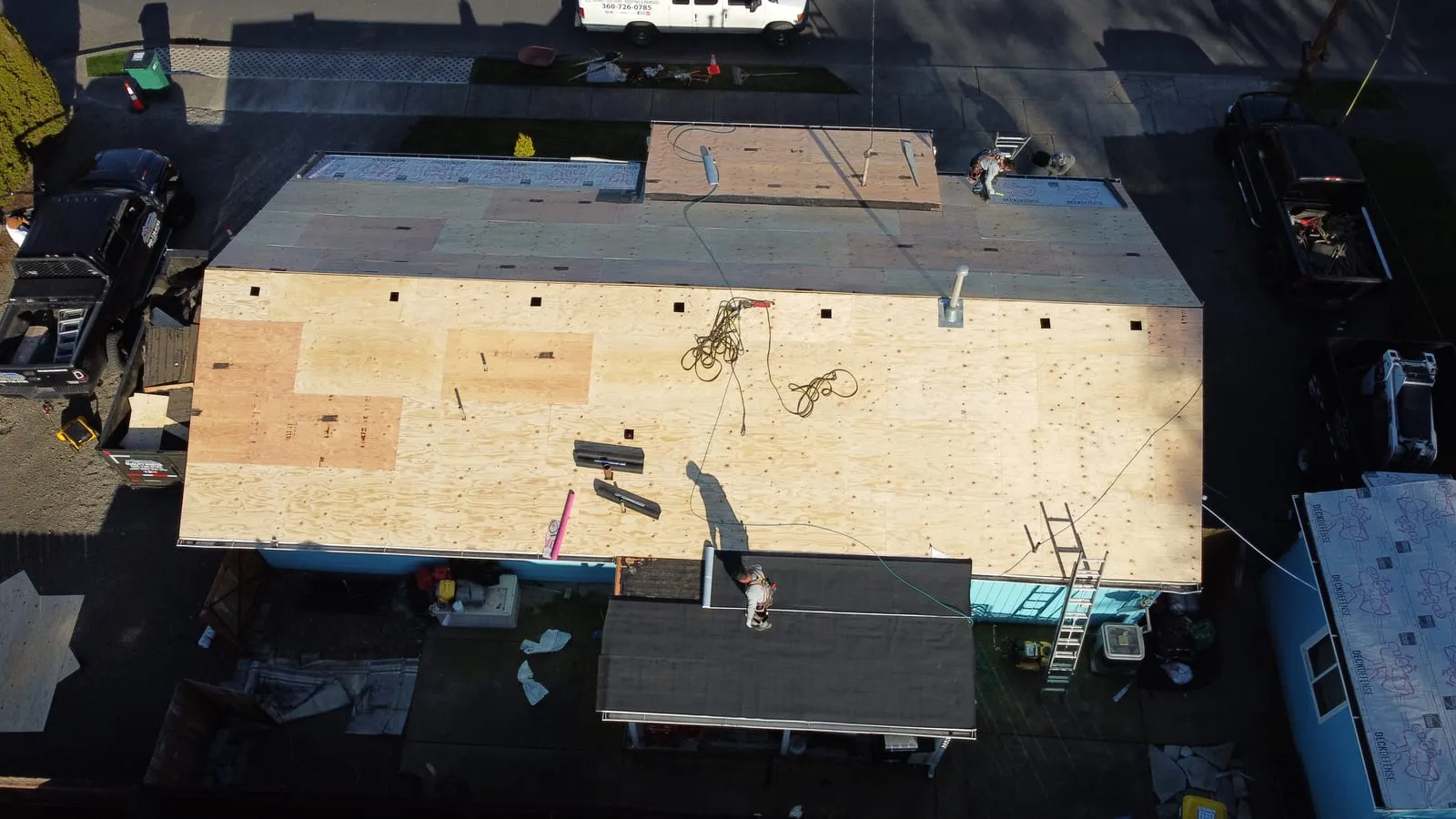 Drone aerial of the Battle Ground, WA roof replacement - overhead view of the finished roof, view 4