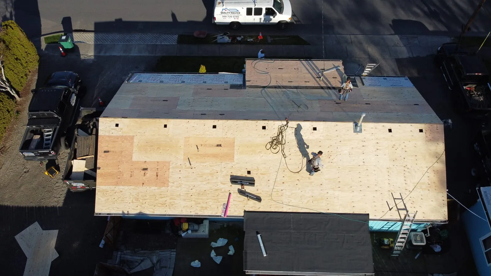 Drone aerial of the Battle Ground, WA roof replacement - overhead view of the finished roof, view 5