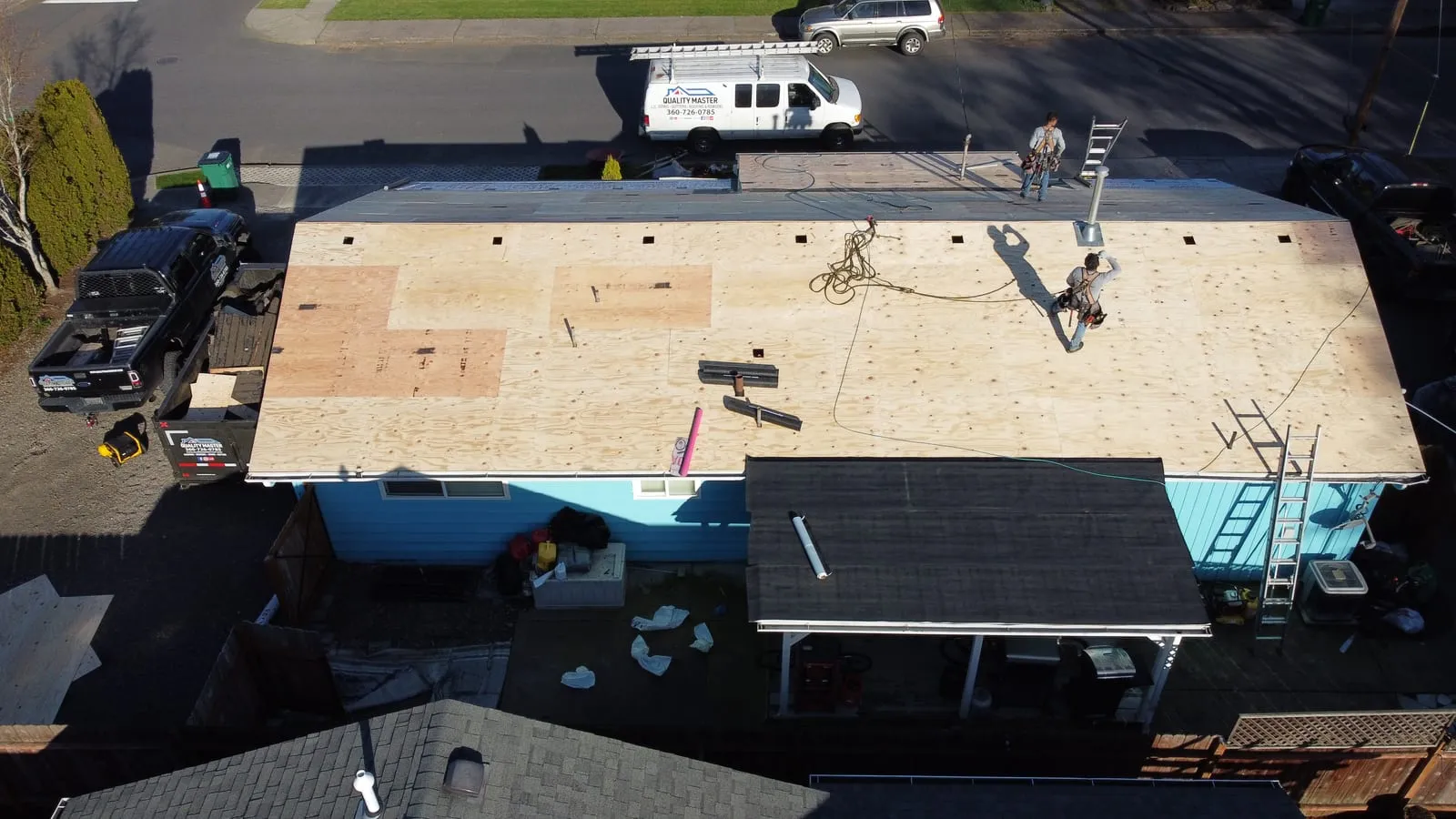 Drone aerial of the Battle Ground, WA roof replacement - gable end and rake detail, view 6