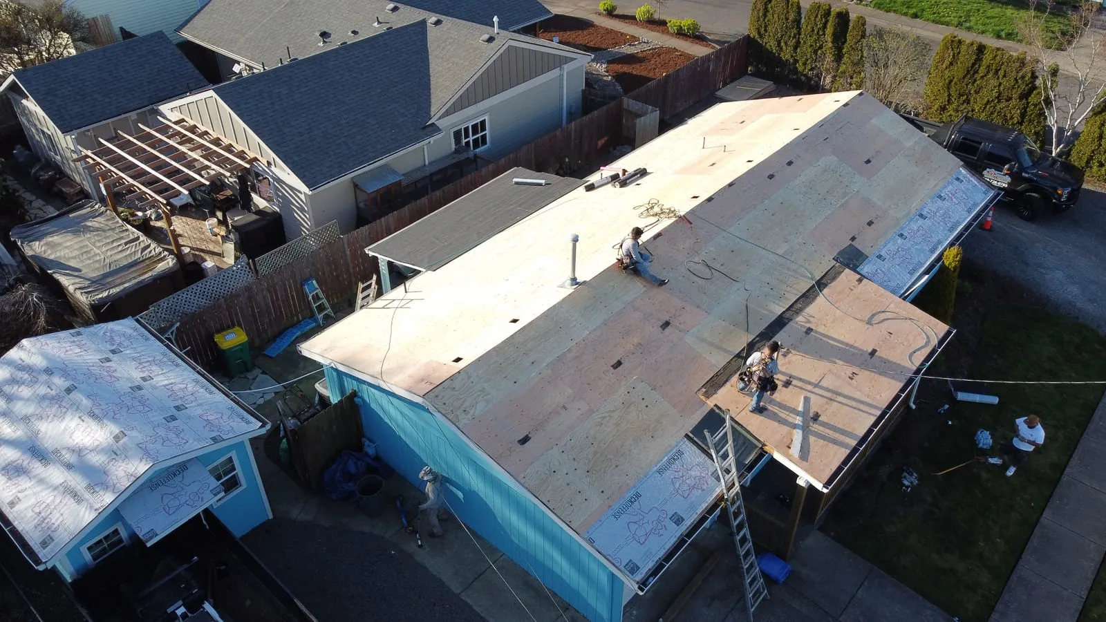 Drone aerial of the Battle Ground, WA roof replacement - front elevation, view 7