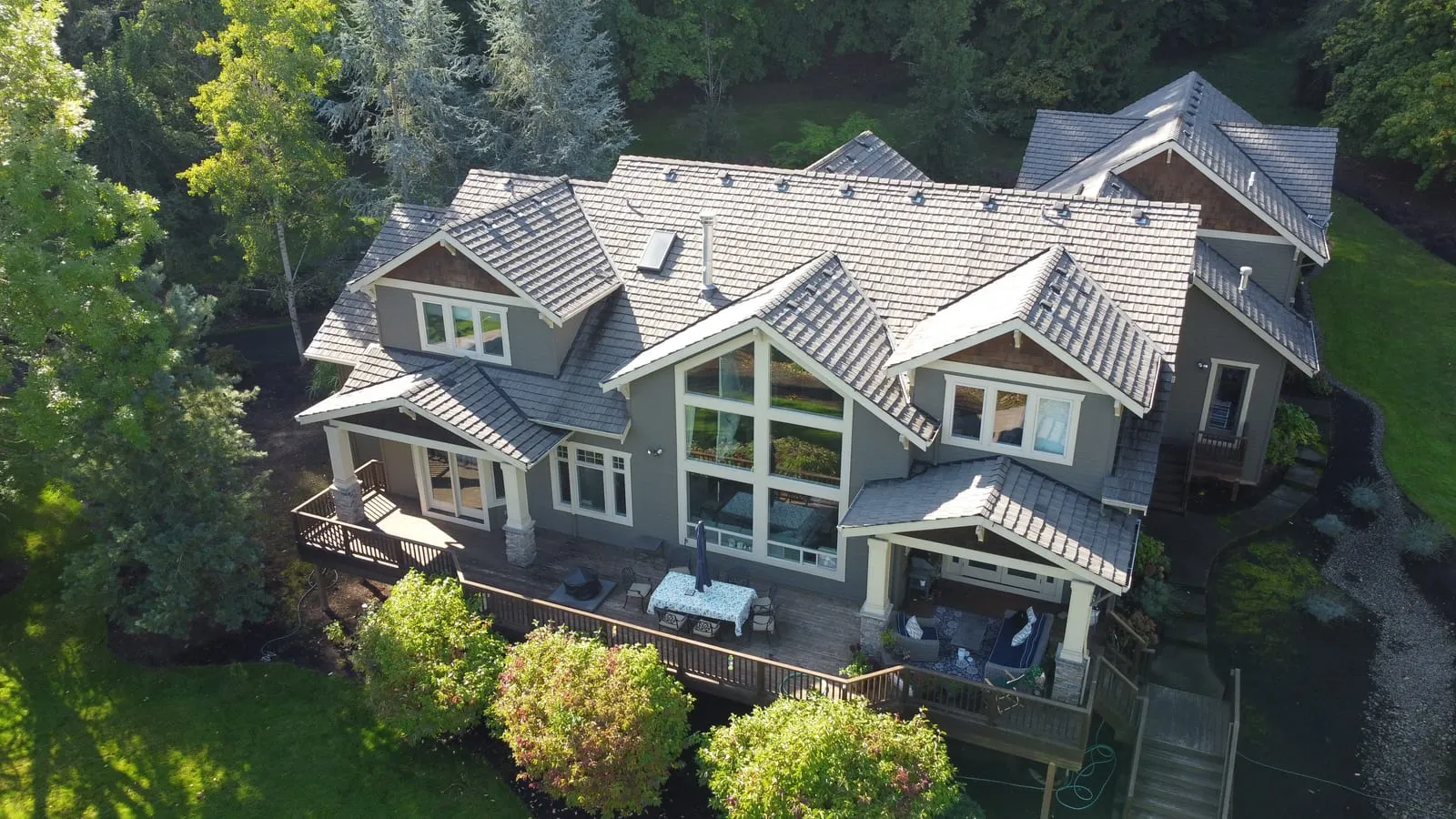 Drone aerial of the Battle Ground, WA roof replacement - completed roof and gutter system, view 9