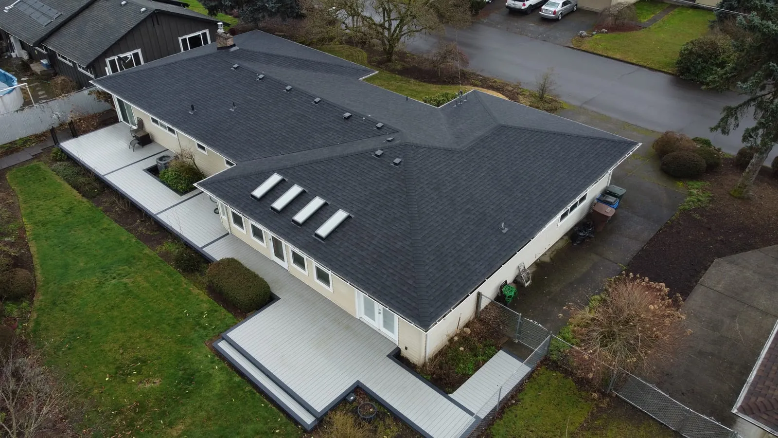 Drone aerial of the Camas, WA roof replacement - overhead view of the finished roof, view 5