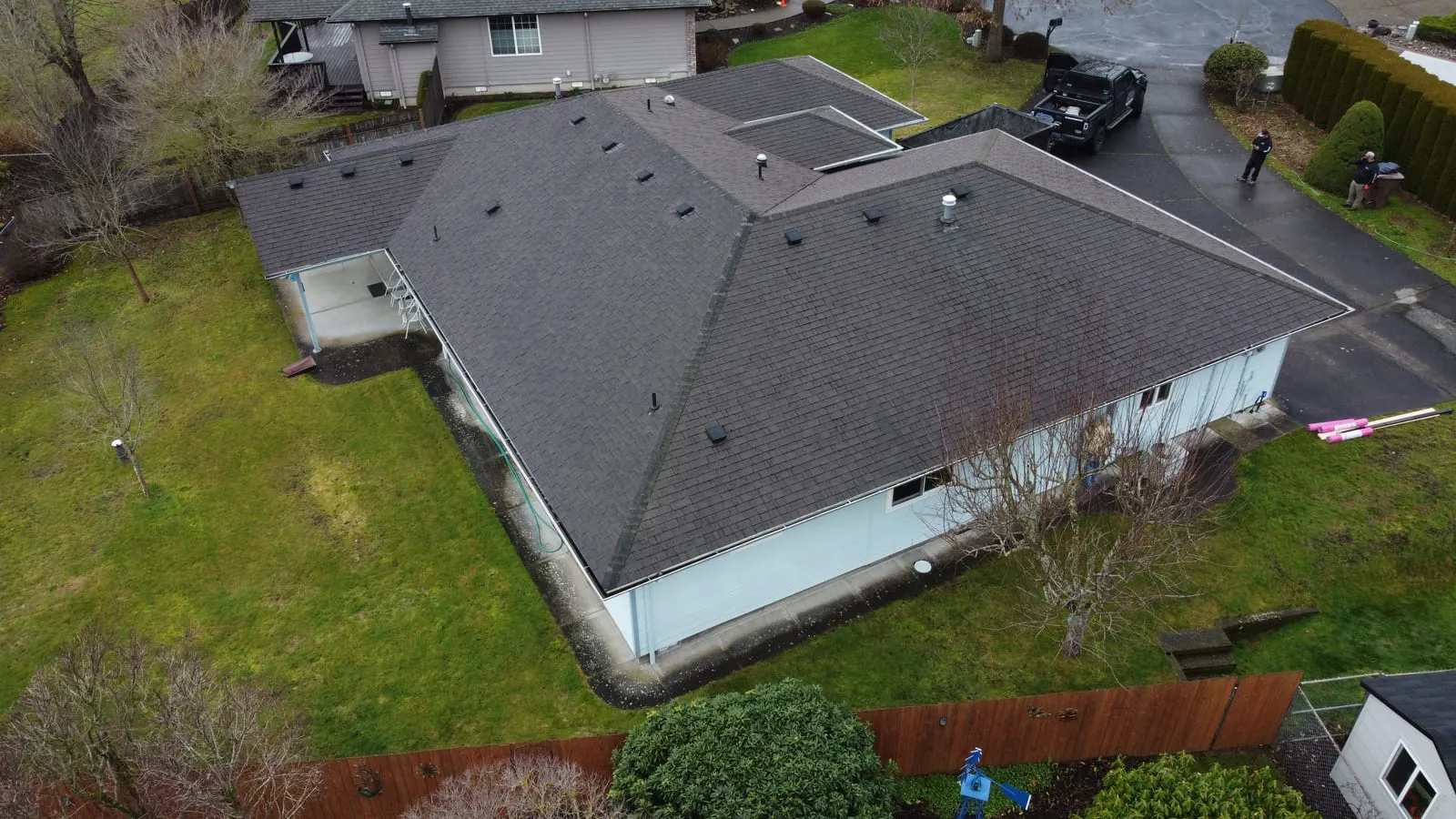 Drone aerial of the Camas, WA roof replacement - chimney and dormer flashing detail, view 6