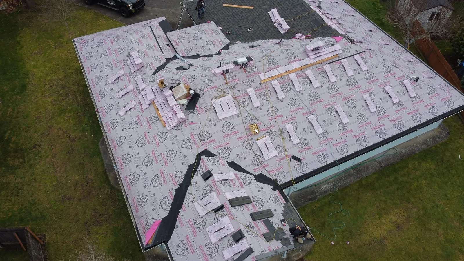 Drone aerial of the Camas, WA roof replacement - ridge cap and ventilation detail, view 7