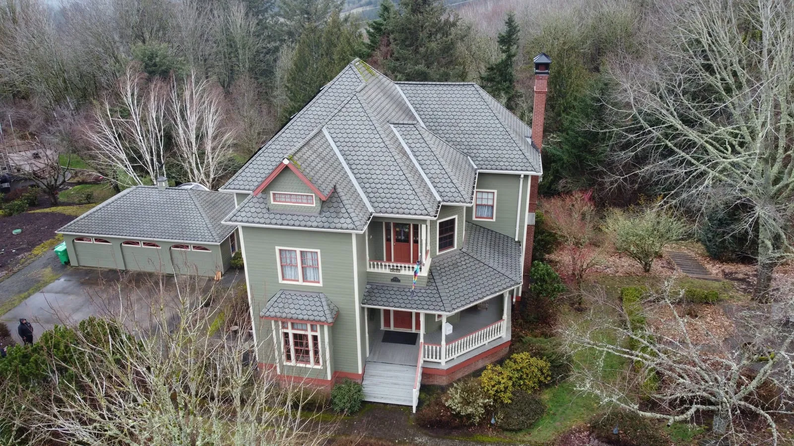 Drone aerial of the Camas, WA roof replacement - wide elevation view, view 8