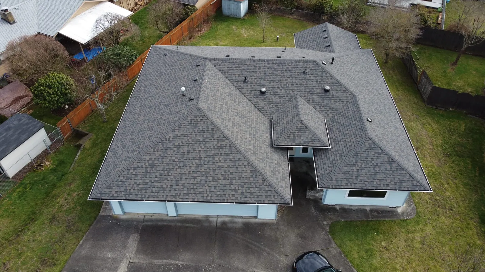 Drone aerial of the Camas, WA roof replacement - finished project overview, view 10