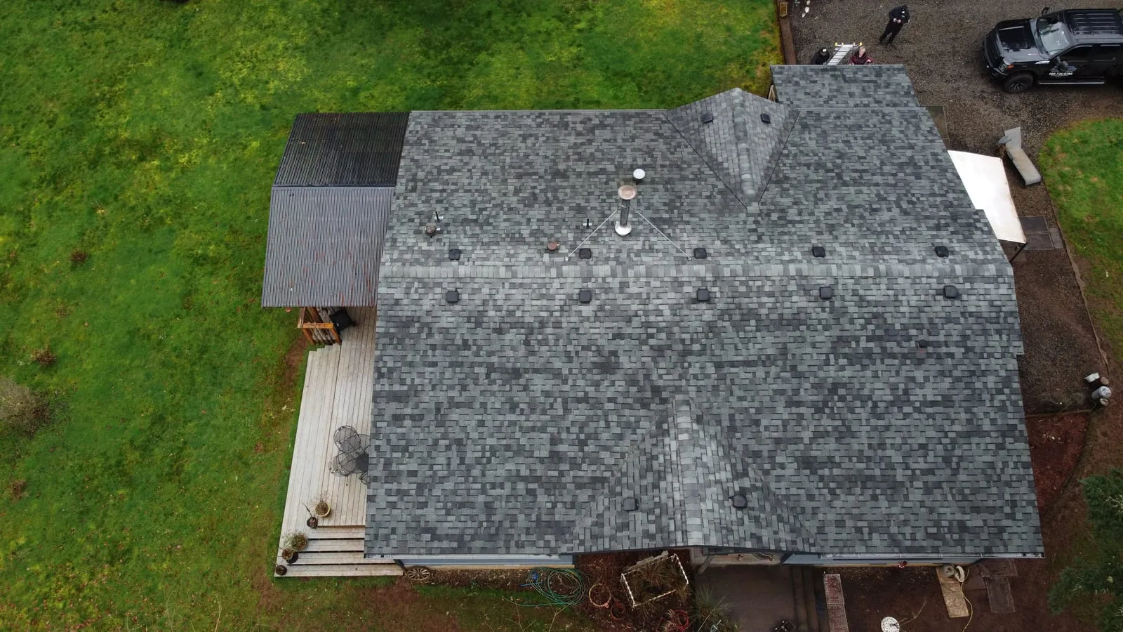 Drone aerial of the Camas, WA roof replacement - angled elevation, view 11