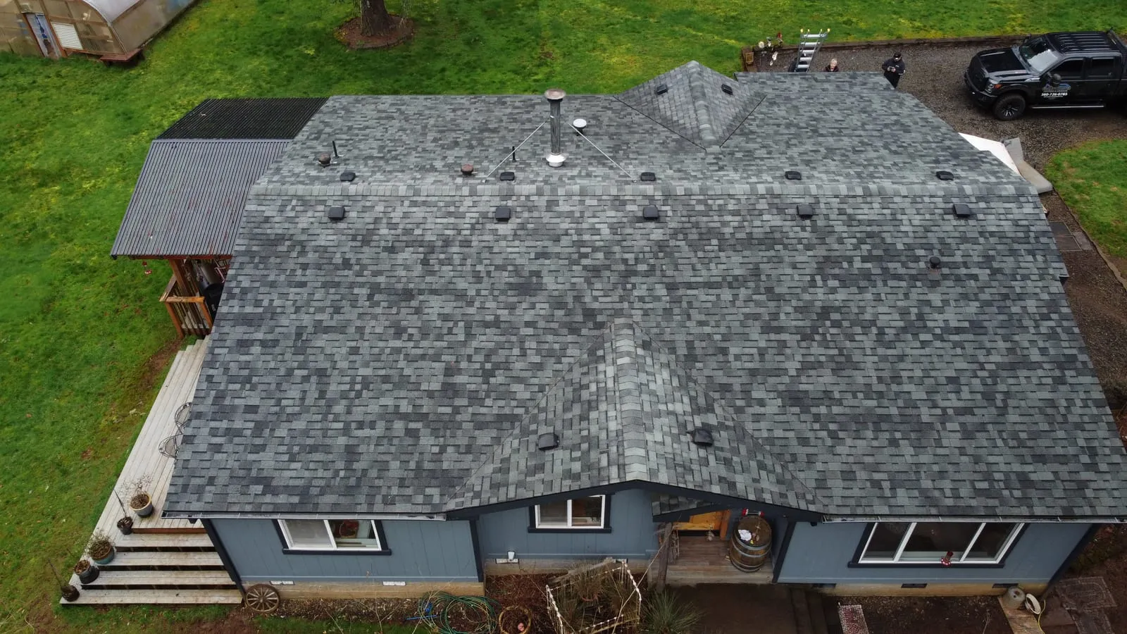 Drone aerial of the Camas, WA roof replacement - angled elevation, view 12