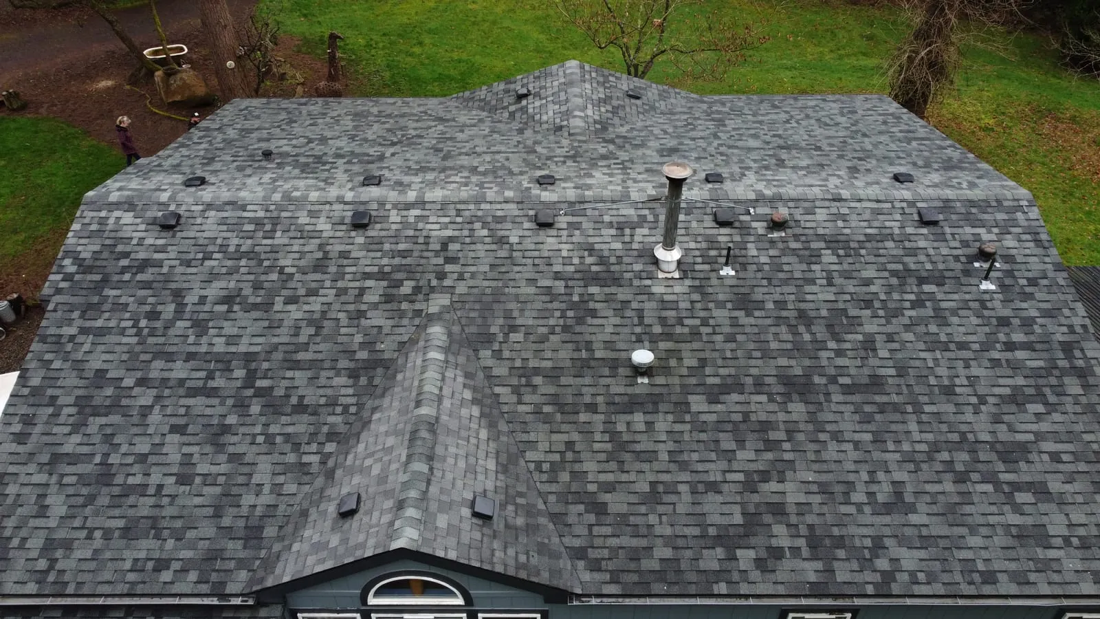Drone aerial of the Camas, WA roof replacement - finished roof and gutter system, view 14