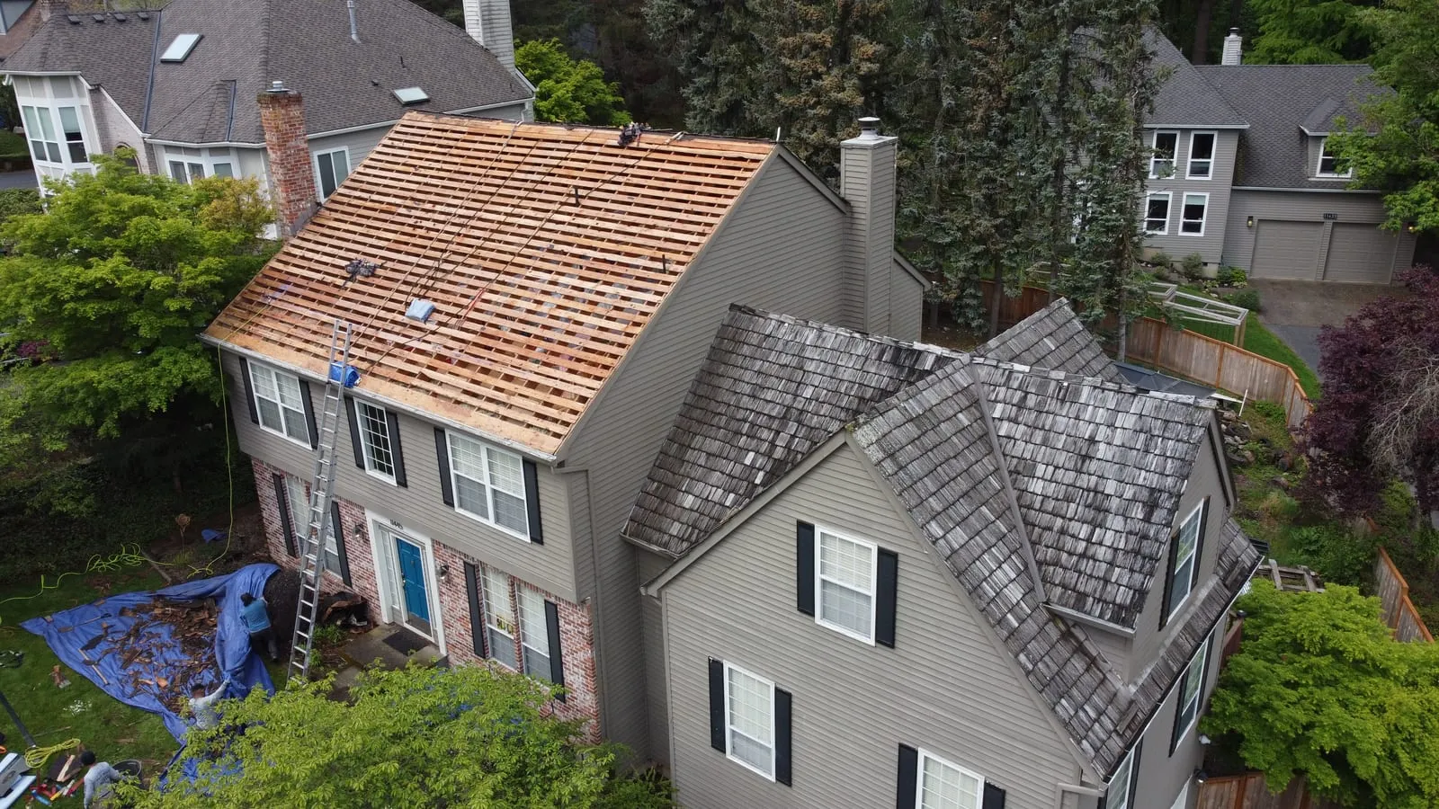 Drone aerial of the Vancouver, WA full-exterior remodel - new roof, gutters, Hardie siding, and TimberTech deck, view 1