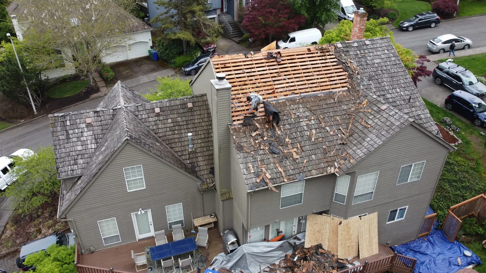 Drone aerial of the Vancouver, WA full-exterior remodel - overhead view of new roof and gutter system, view 2