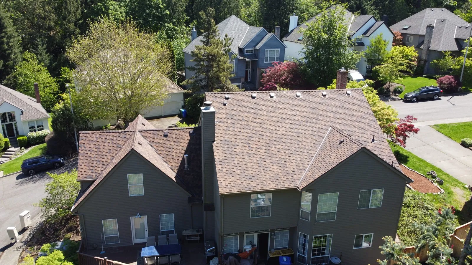 Drone aerial of the Vancouver, WA full-exterior remodel - siding and trim detail, view 6