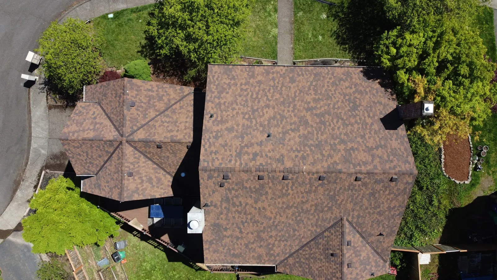 Drone aerial of the Vancouver, WA full-exterior remodel - wide overview of the completed exterior, view 8