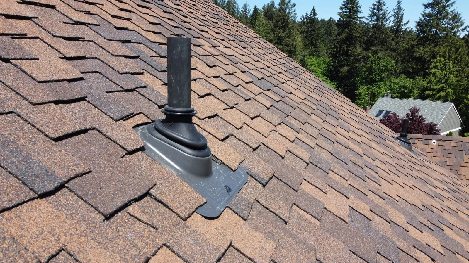 Drone aerial of the Vancouver, WA full-exterior remodel - completed exterior remodel with deck, view 12
