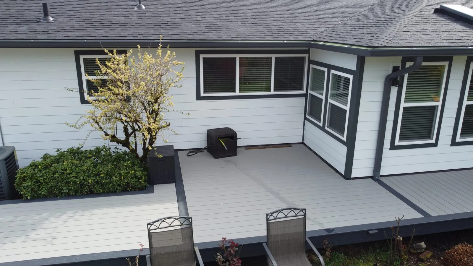 Drone aerial of the Vancouver, WA Hazel Dell roof replacement - finished roof overview, view 1