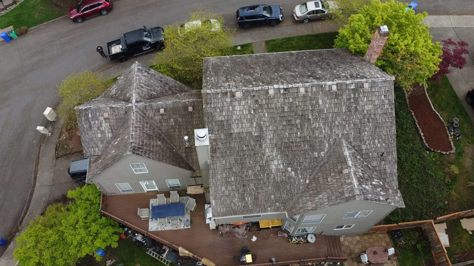 Drone aerial of the Vancouver, WA Hazel Dell roof replacement - front elevation, view 6