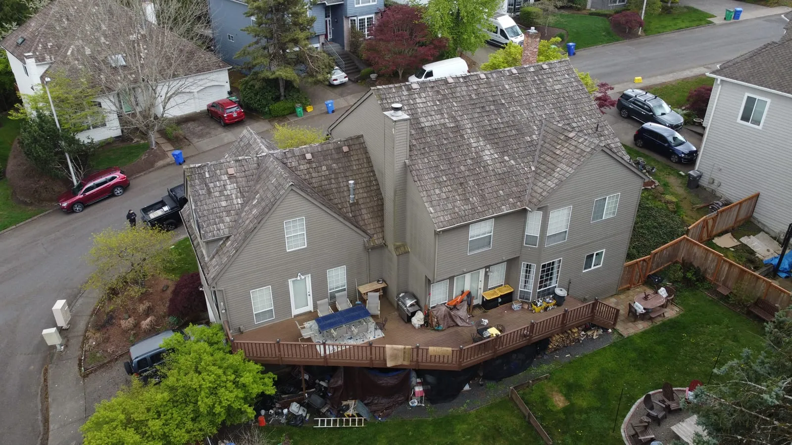 Drone aerial of the Vancouver, WA Hazel Dell roof replacement - rake and eave detail, view 7