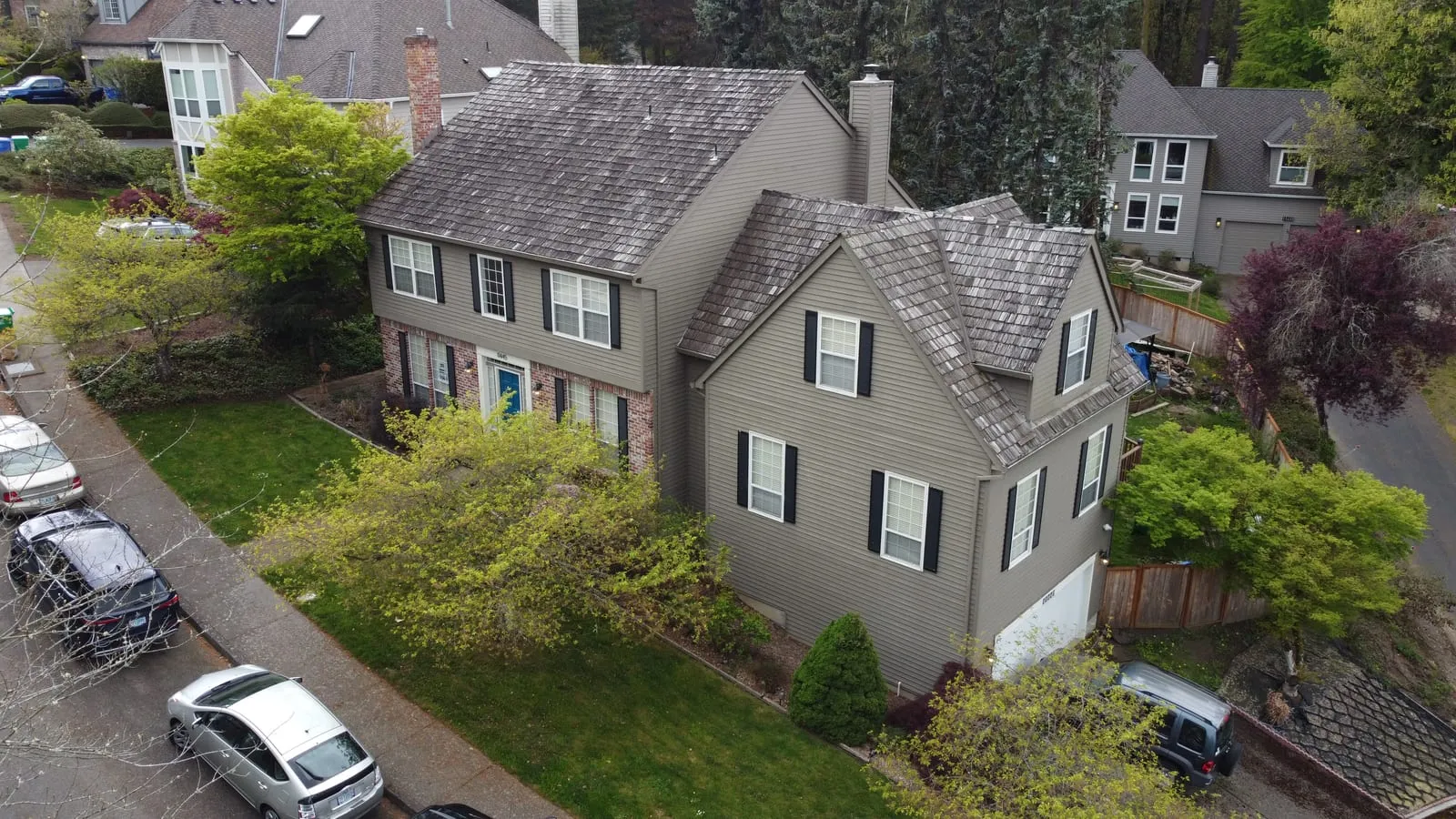 Drone aerial of the Vancouver, WA Hazel Dell roof replacement - angled elevation, view 8