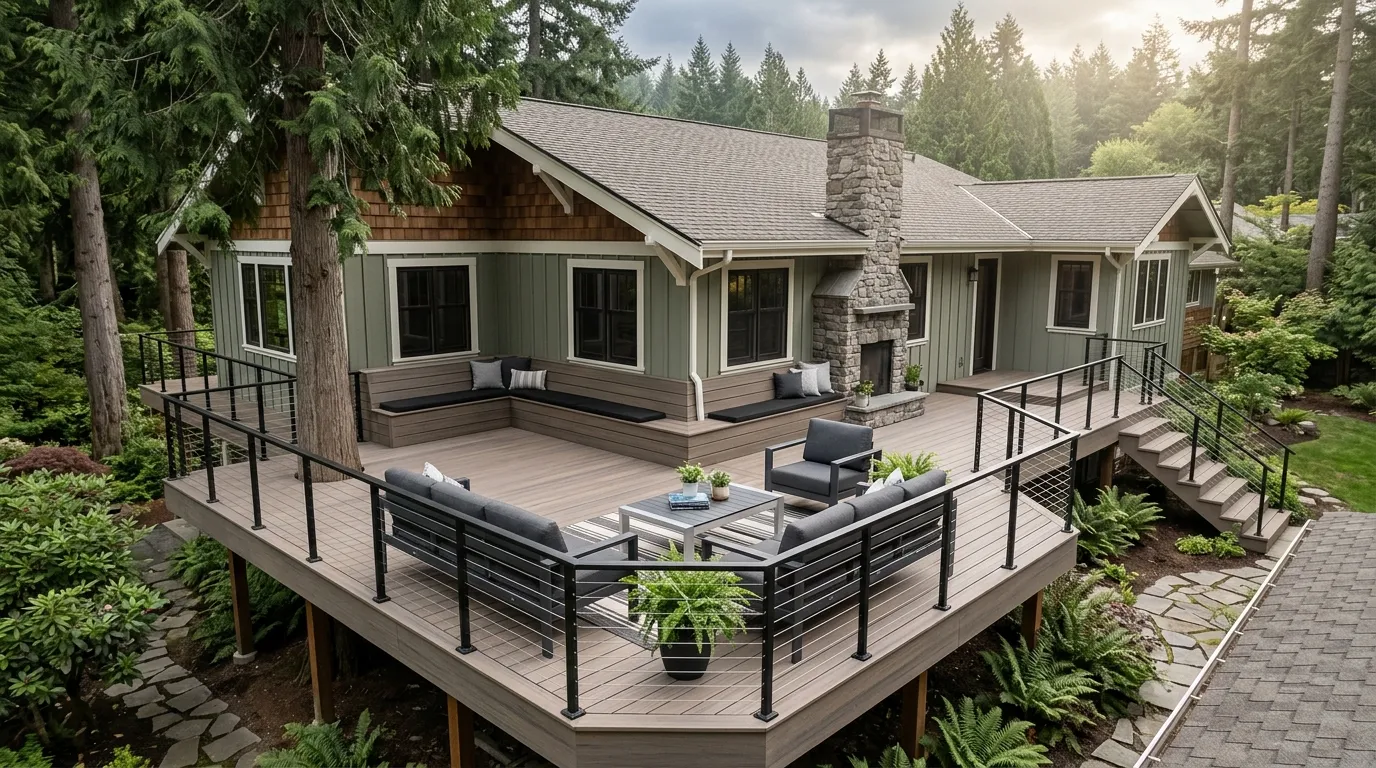 Composite deck with cable railing, built-in benches, and outdoor seating on a Clark County craftsman home
