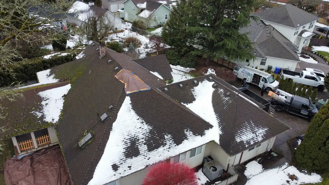 Drone aerial of new shingles in Pacific Northwest fall colors