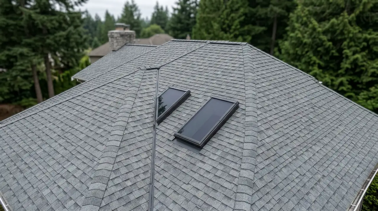 Drone aerial of two Velux skylights cleanly integrated into a new architectural shingle roof in Clark County, WA