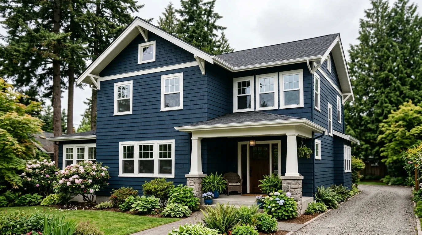 New white vinyl replacement windows across the front of a navy craftsman home in Clark County, WA
