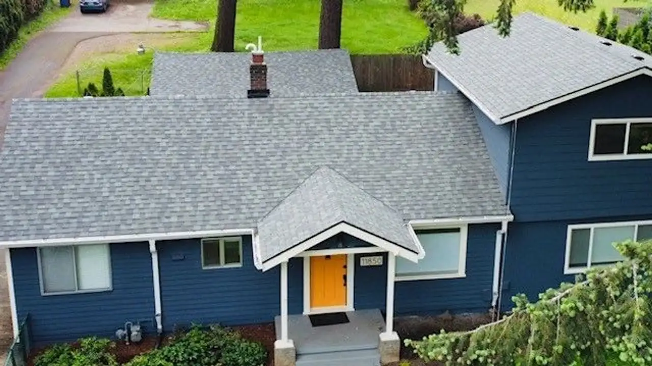 Drone aerial of a finished asphalt shingle roof on a Clark County, WA home