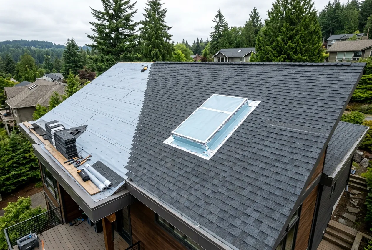 Skylight flashing being integrated into a new shingle field during a re-roof in Clark County, WA