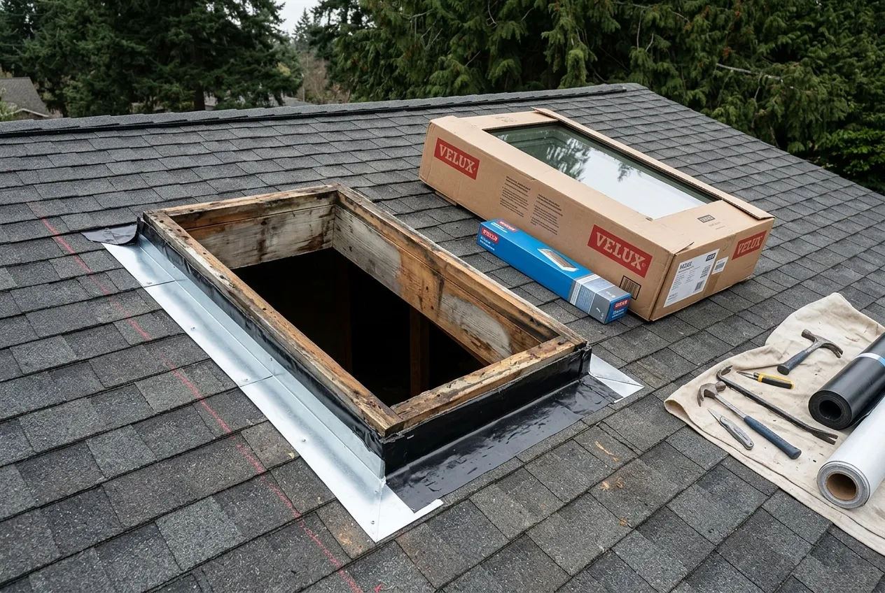 Open skylight opening on an asphalt shingle roof showing a water-stained wood curb, with a new Velux unit and flashing kit boxed alongside roofing tools